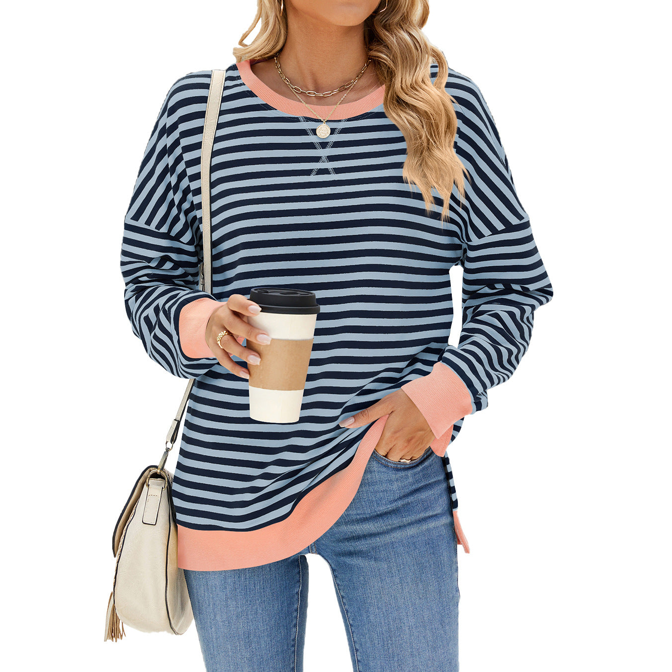 Women's Contrast Color Round Neck Split Long Sweaters