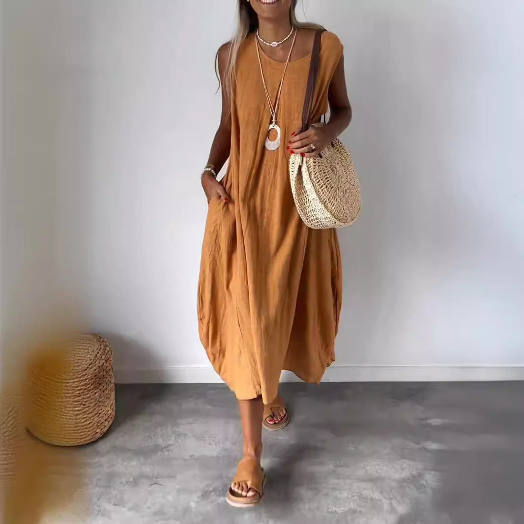 Women's Summer Casual Cotton Linen Solid Color Pocket Long Dresses