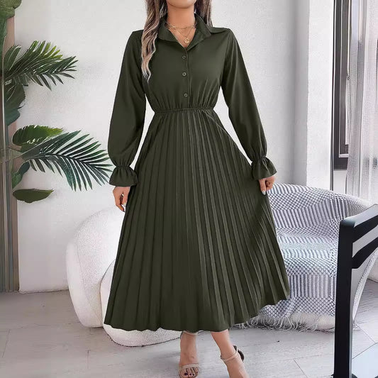 Women's Casual Polo Collar Button Long Sleeve Dresses