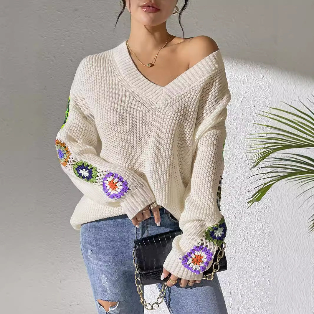 Women's Mixed Color Hand Hook Flower Stitching Sweaters