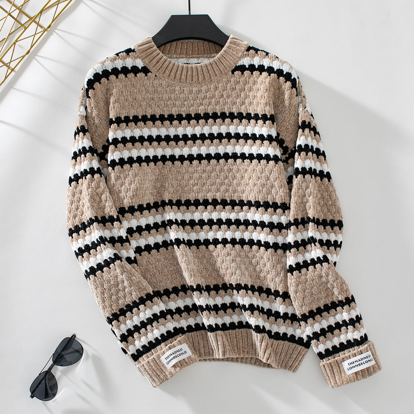 Women's Color Striped Round Neck Pullover Chenille Loose Sweaters