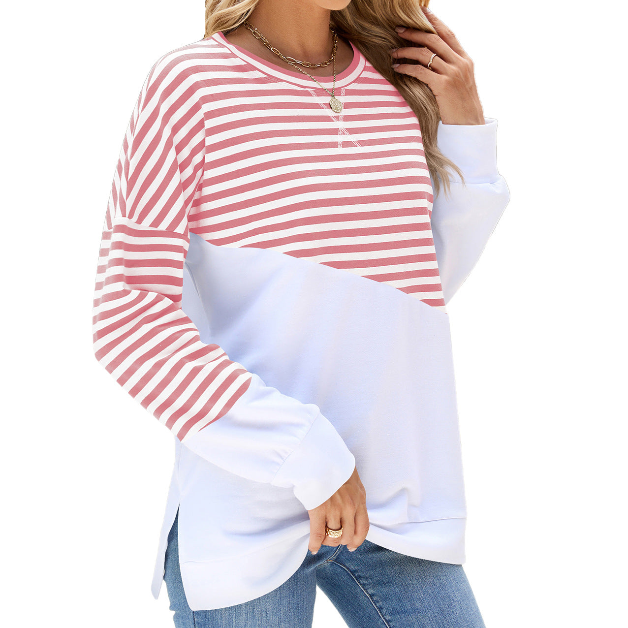 Women's Solid Color Round Neck Contrast Striped Sweaters