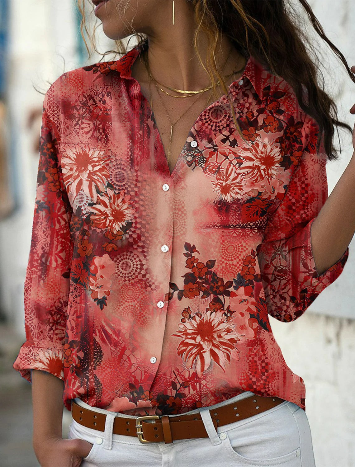 Women's Floral Print Shirt Ladies Long Sleeve Blouses