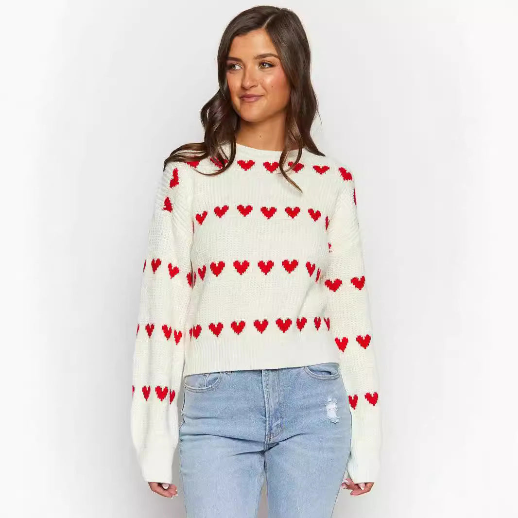 Cute Heart-shaped Two-tone Jacquard Contrast Color Sweaters