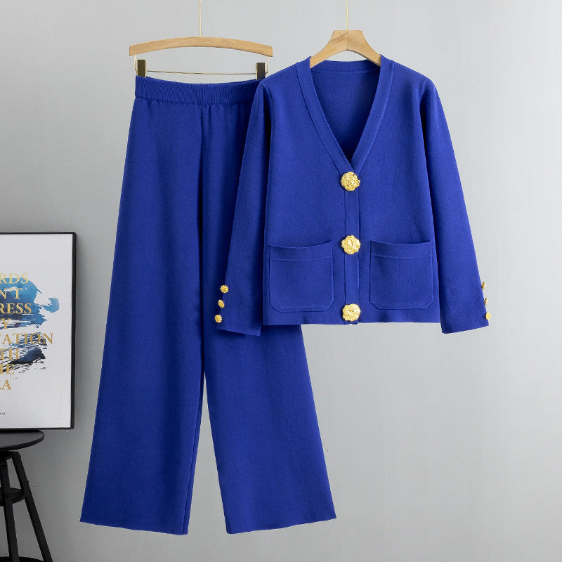 Women's Large Button Knitted Two-piece Loose Casual Suits