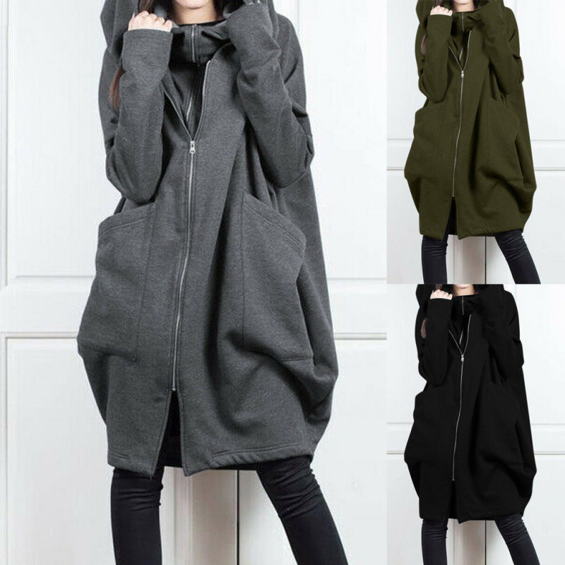 Women's Hooded Pocket Sweatshirt Zipper Mid-length Fake Sweaters