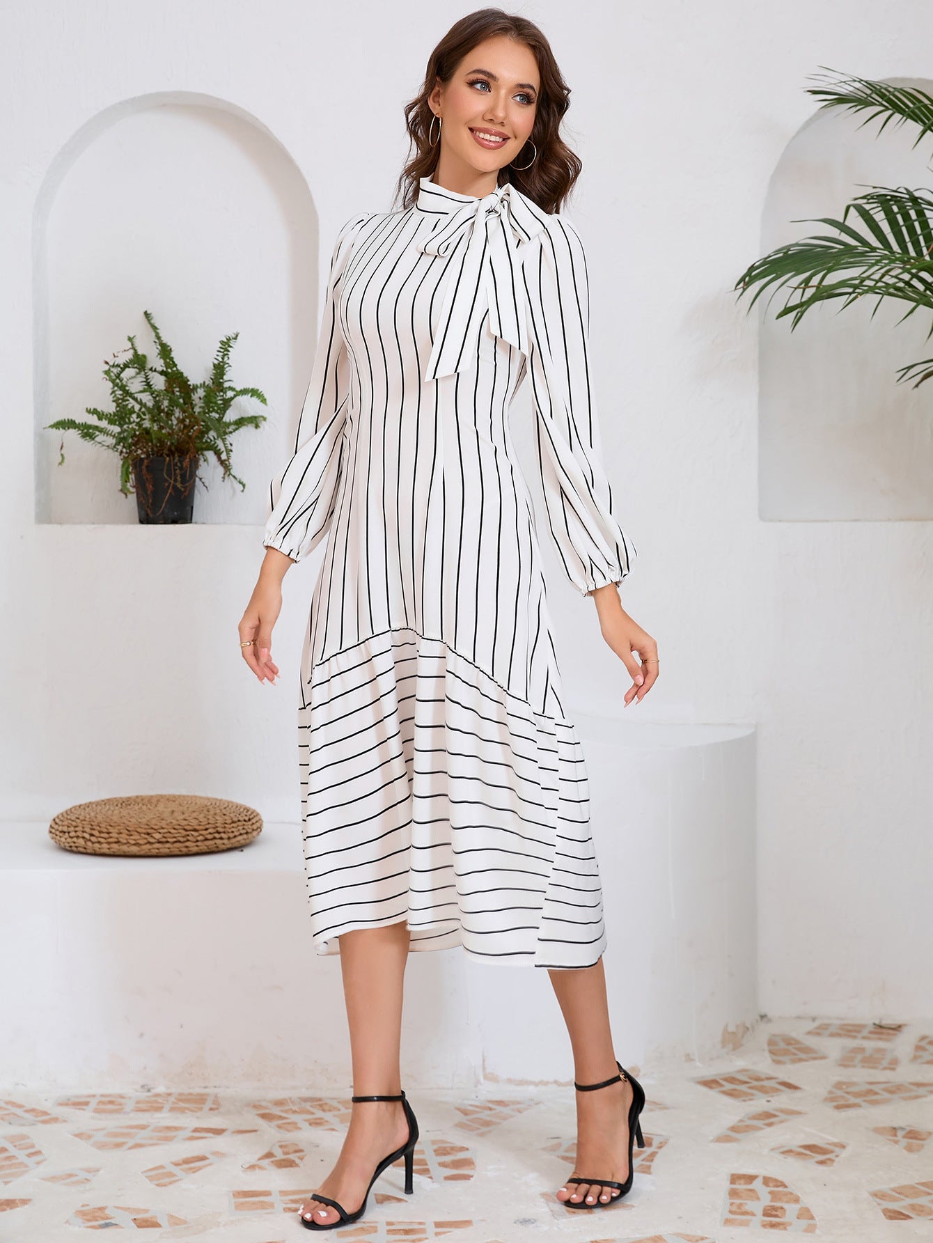 Women's Fashion Business High-grade Stand Collar Thin Stripe Dresses