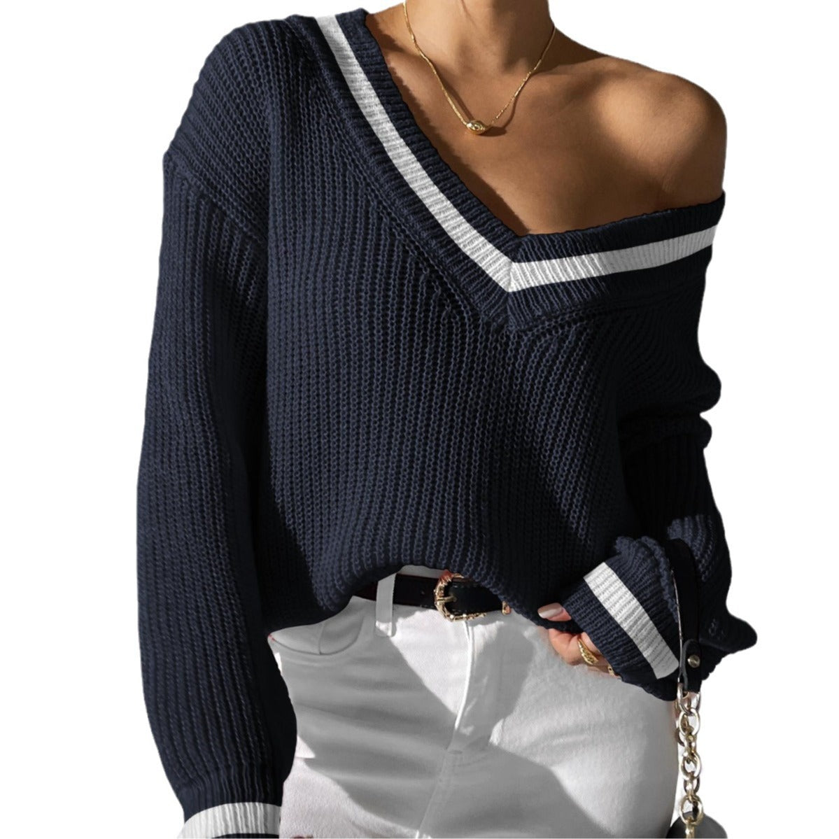 Women's Contrast Patchwork Long Sleeve Woven Casual Sweaters