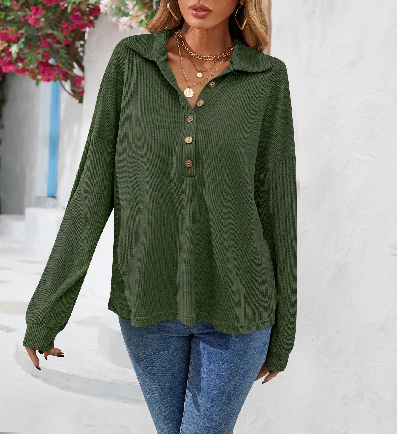 Women's Lapel Button Solid Color Long-sleeved T-shirt Blouses