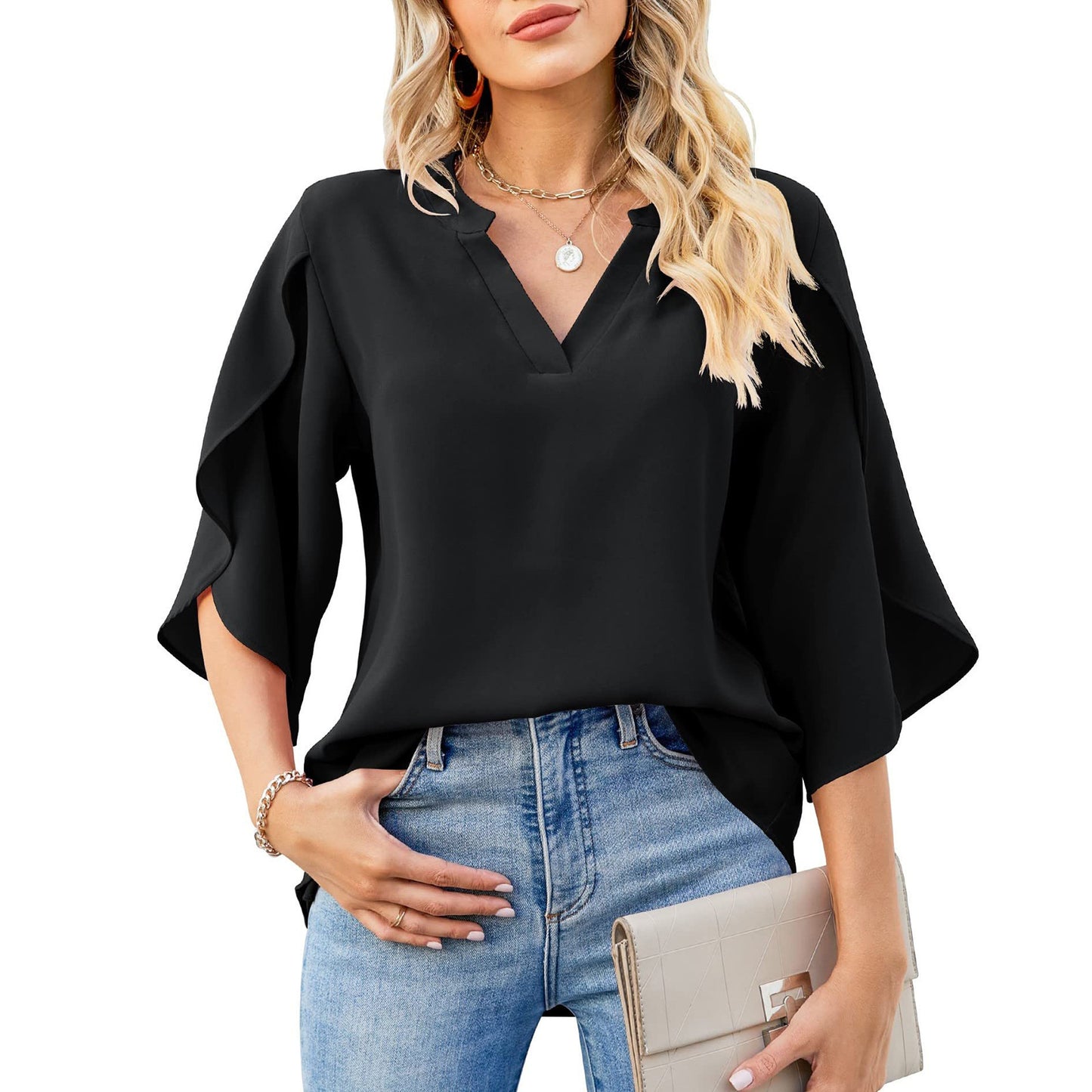 Women's Summer Petal Sleeve Loose Chiffon Shirt Blouses