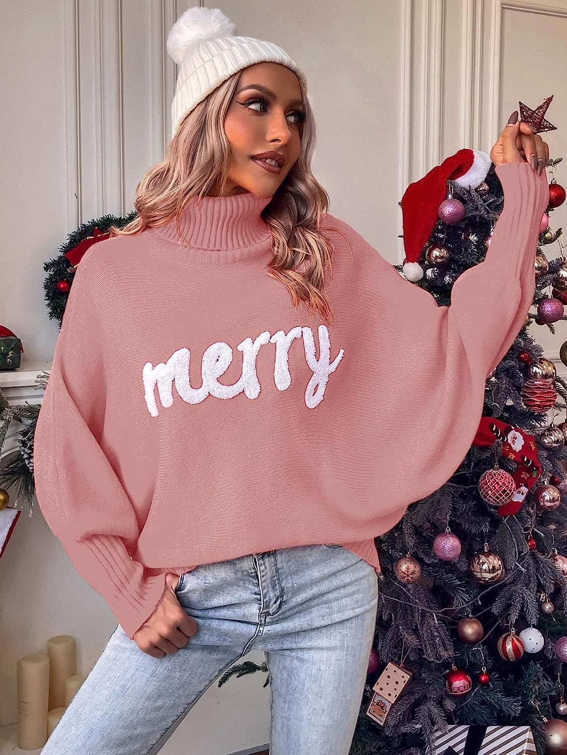 Women's Christmas Turtleneck Loose Batwing Sleeve Outer Sweaters