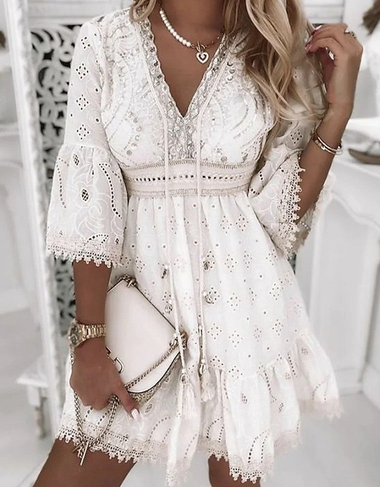 Women's White V-collar Hollow Tassel Stitching Dress Dresses