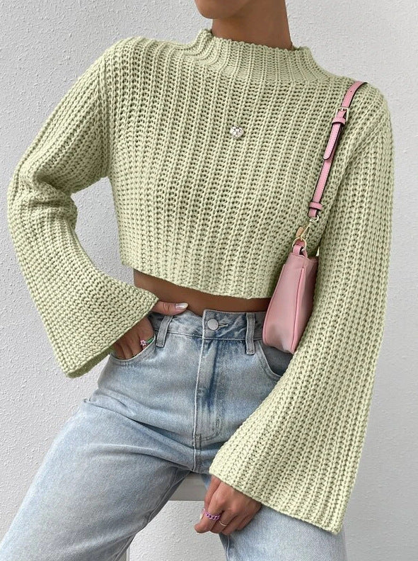 Women's Color High Waist Bell Sleeve Half Sweaters