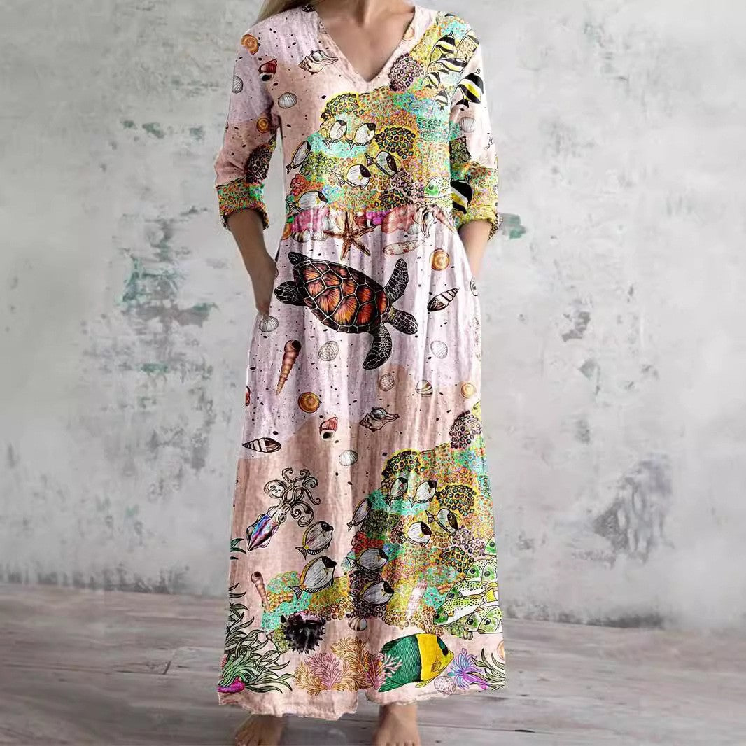 Women's Fashion Positioning Printed Long Sleeve Pocket Dresses