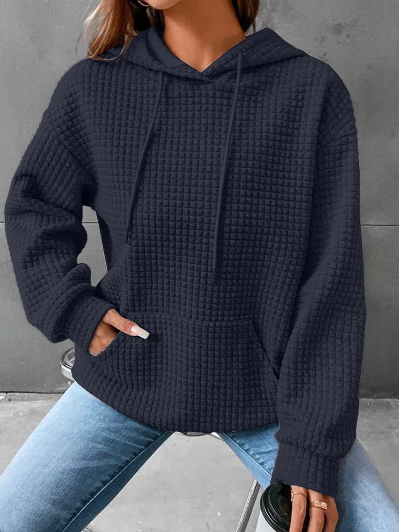 Women's Waffle Round Neck Long-sleeved Solid Color Sweaters