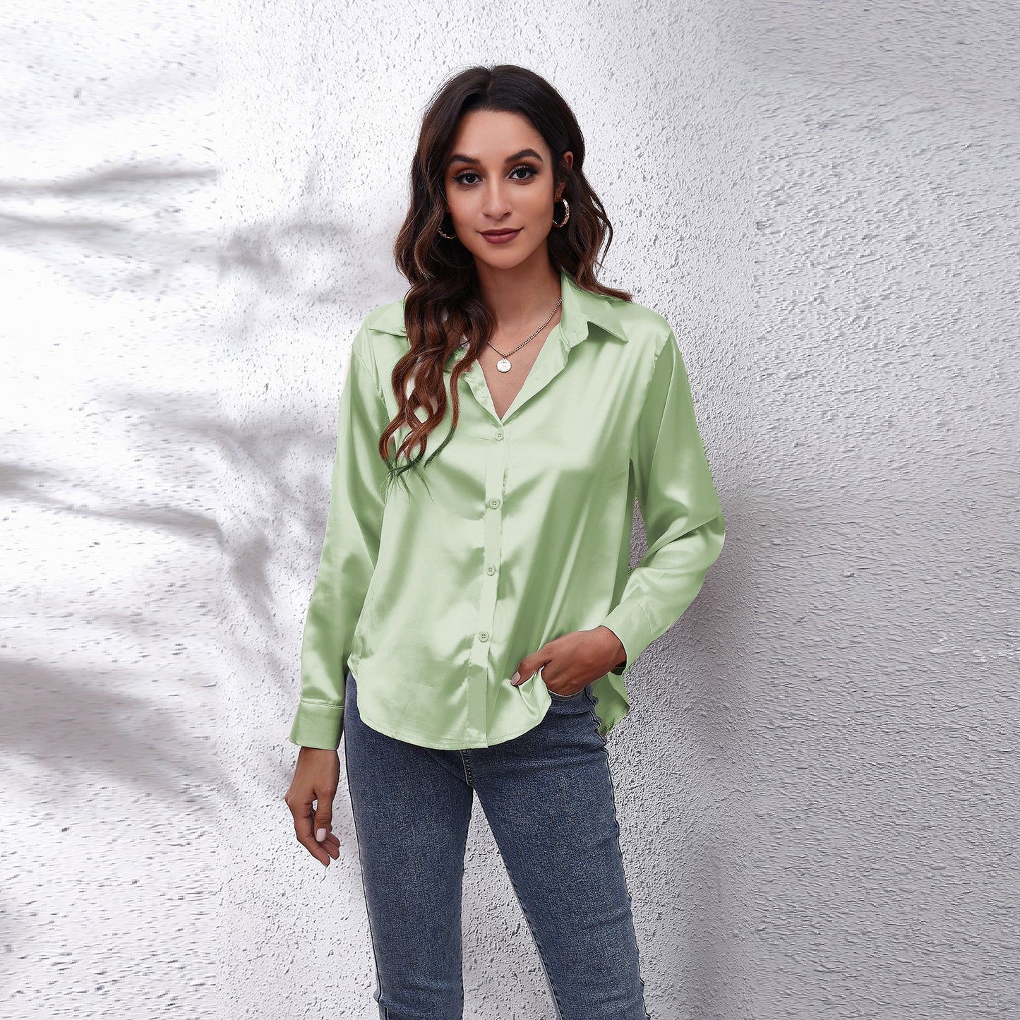 Women's Fashion Attractive Satin Shirt Long-sleeved Blouses