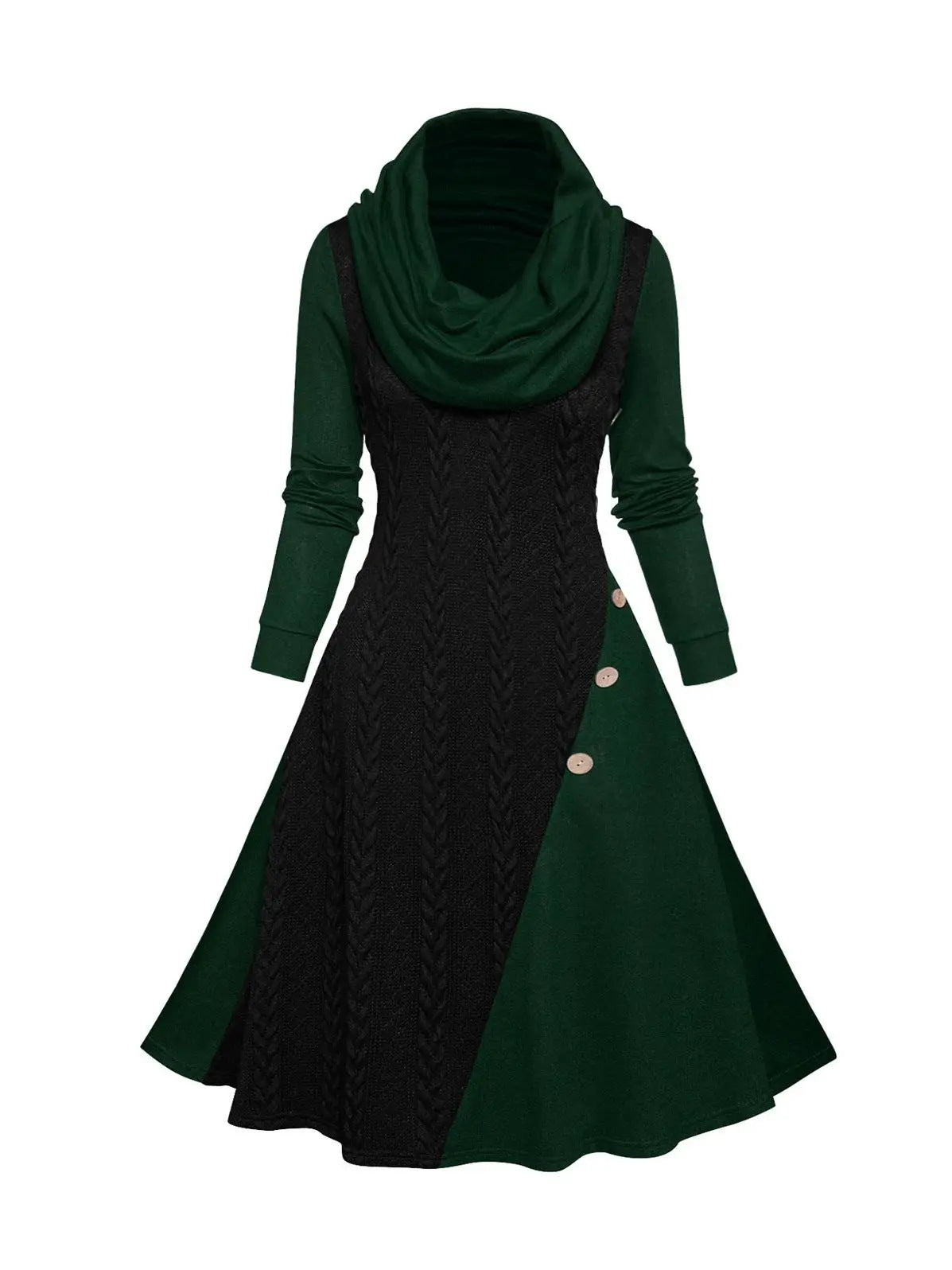 Long Sleeve Knitted Stitching Dress Button Scarf Neck Dresses