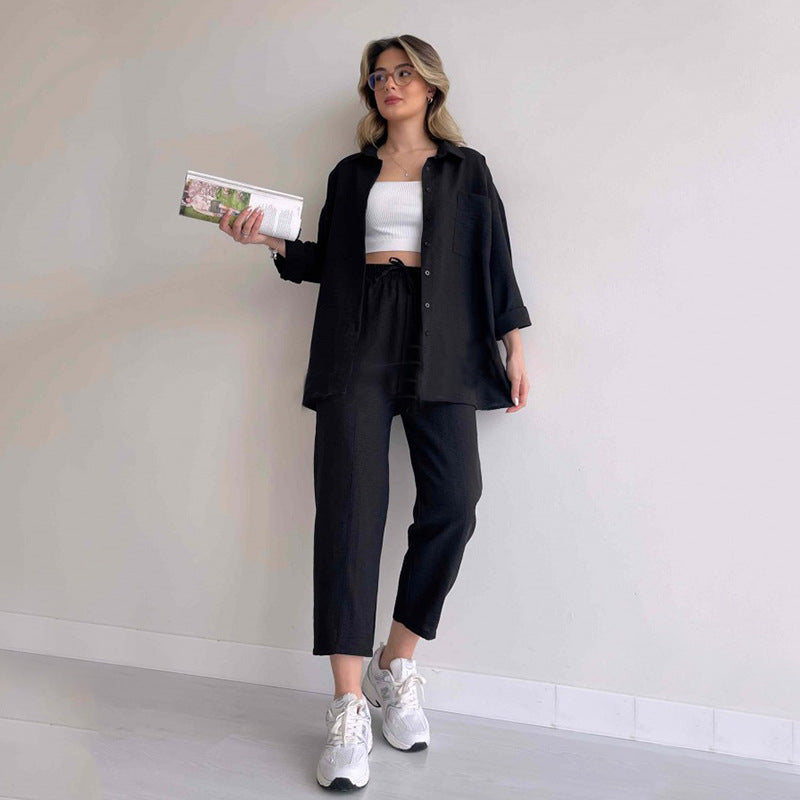 Ensemble de sport court et décontracté pour femme avec chemise ample et pantalon d'automne