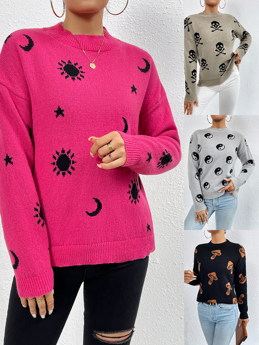 Women's Jacquard Round Neck Pullover Knitted Skull Sweaters