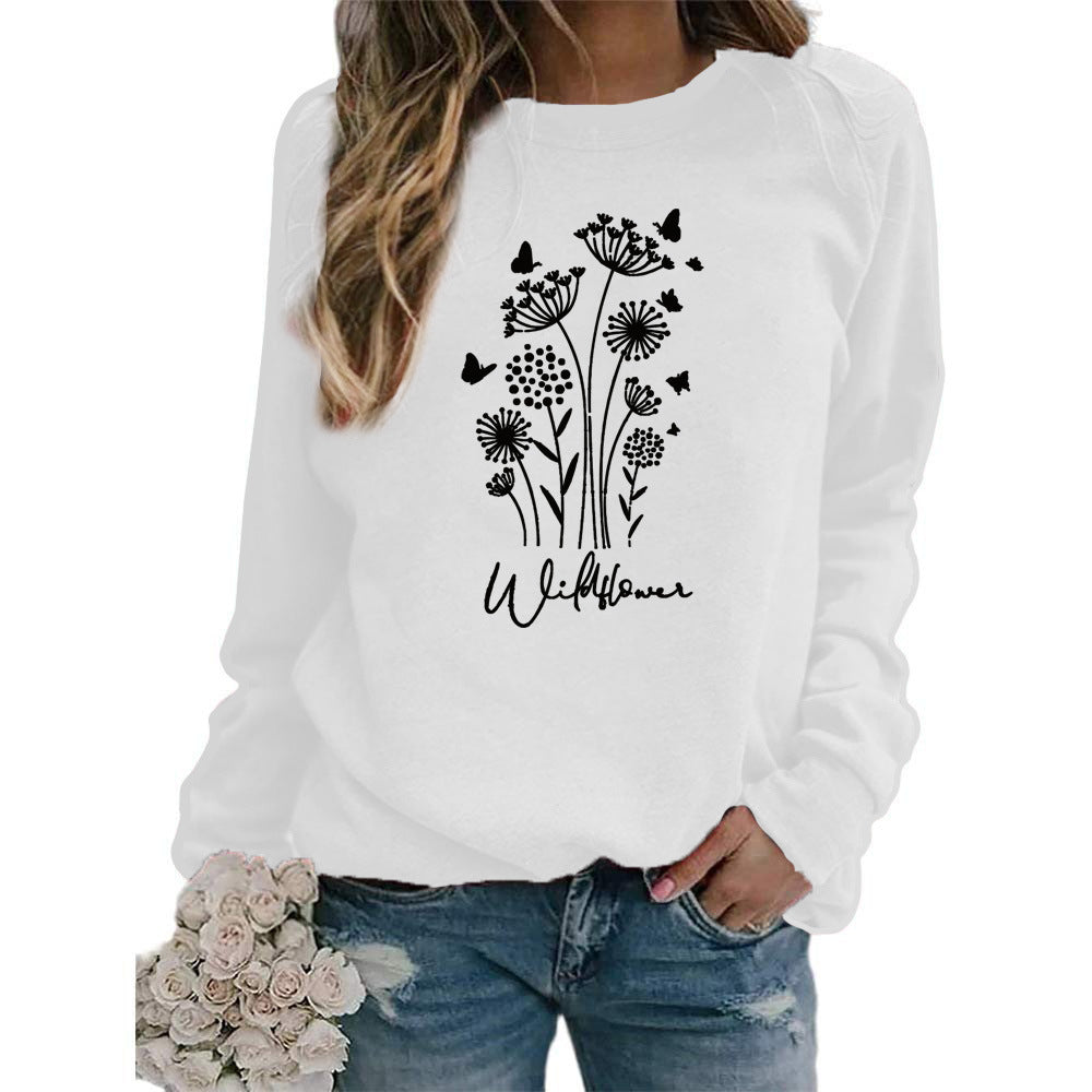 Women's Wild Grass Butterfly Printed Crew Neck Sweaters