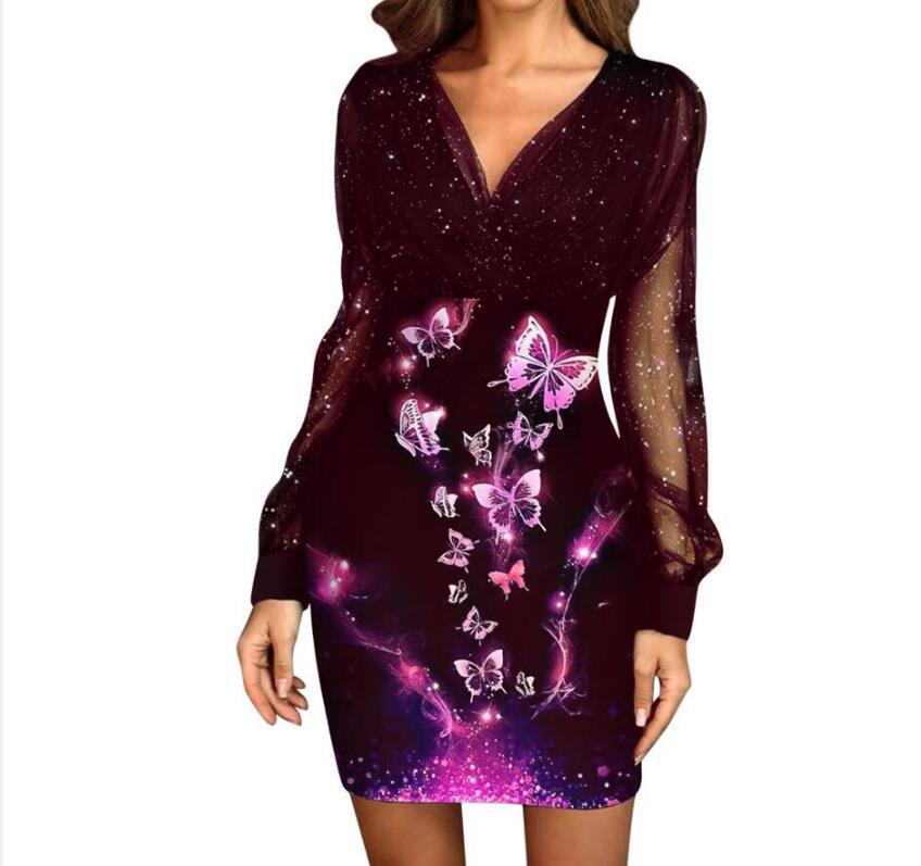 V-neck Sequined Slim Fit Sexy Print Dresses