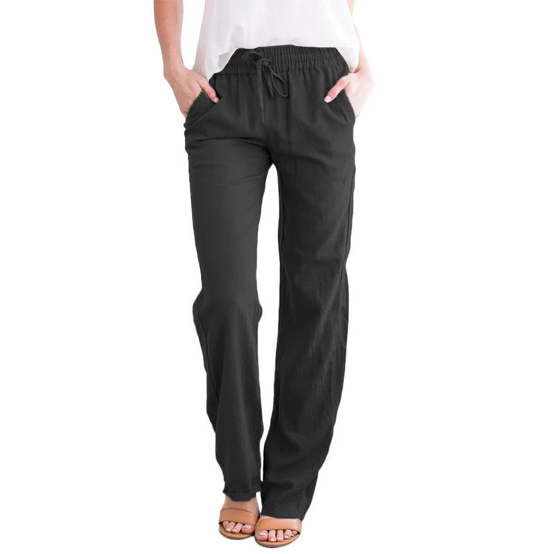 Pantalon décontracté ample en coton et lin de couleur unie pour femme avec cordon de serrage