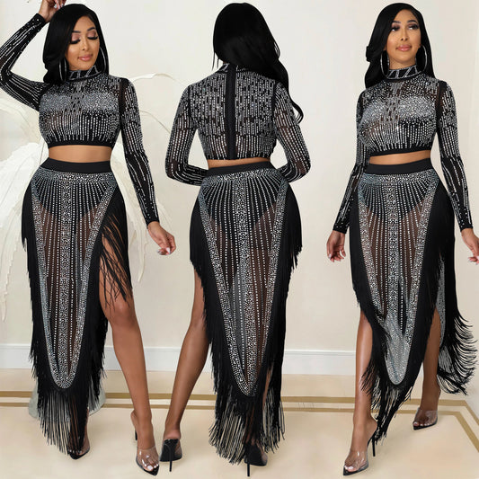 Rhinestone Mesh Long Sleeve Split Two-piece Skirts