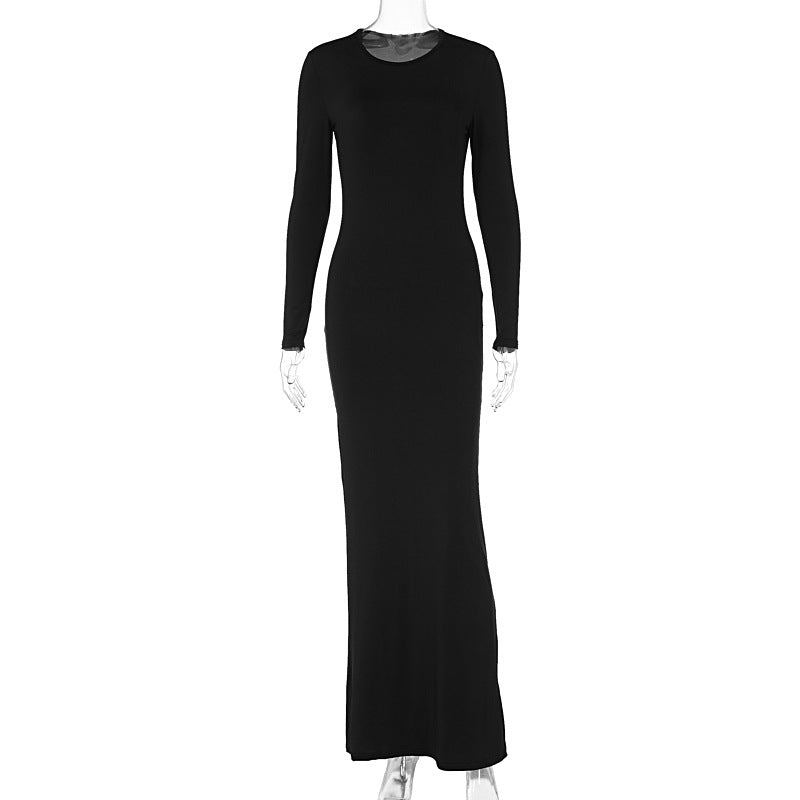 Women's Solid Color Round Neck Mid Waist Long Dresses