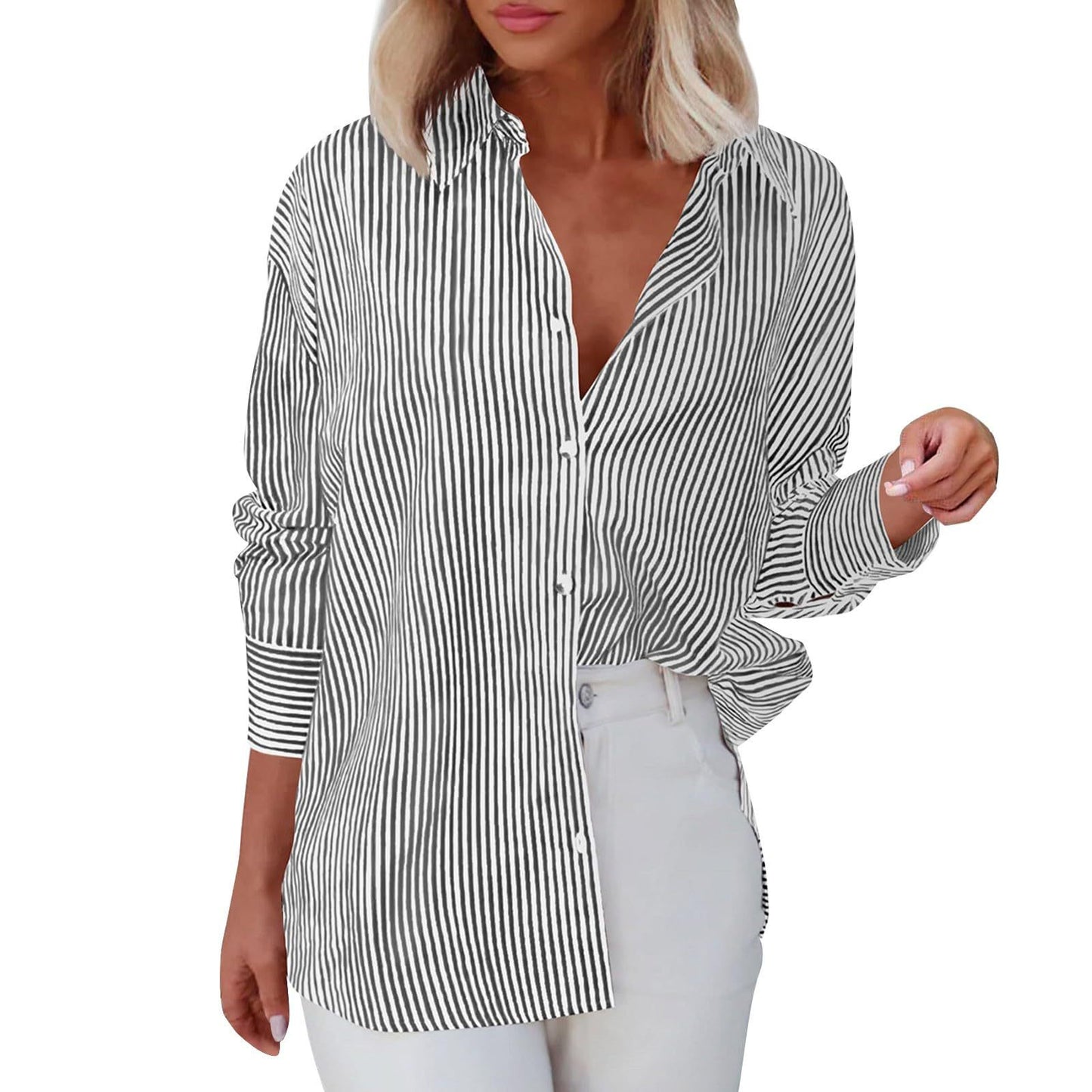 Women's With Pocket Loose Striped Classic Long Blouses