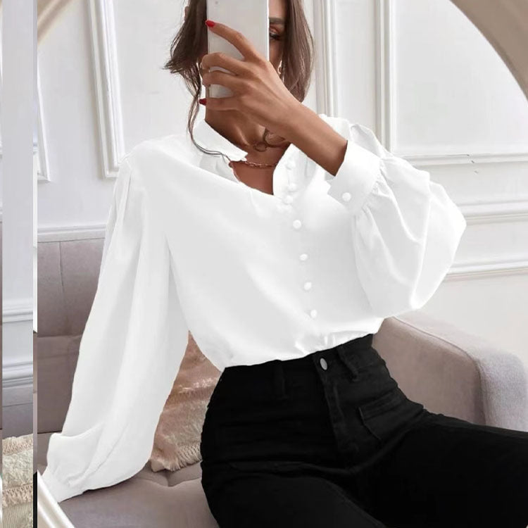 Women's Color Lapel Long Sleeve Single Row Blouses