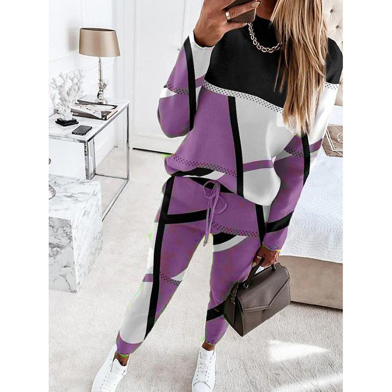 Women's Printing Color Contrast Long Sleeve Crew Suits