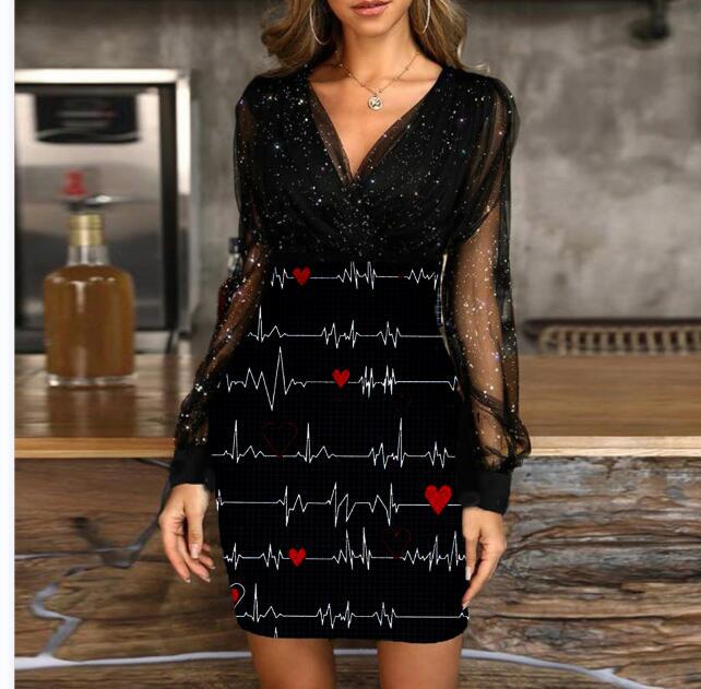 V-neck Sequined Slim Fit Sexy Print Dresses