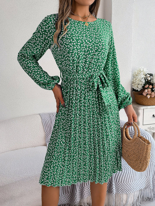 Women's Casual Long-sleeved Floral Print Pleated Dresses