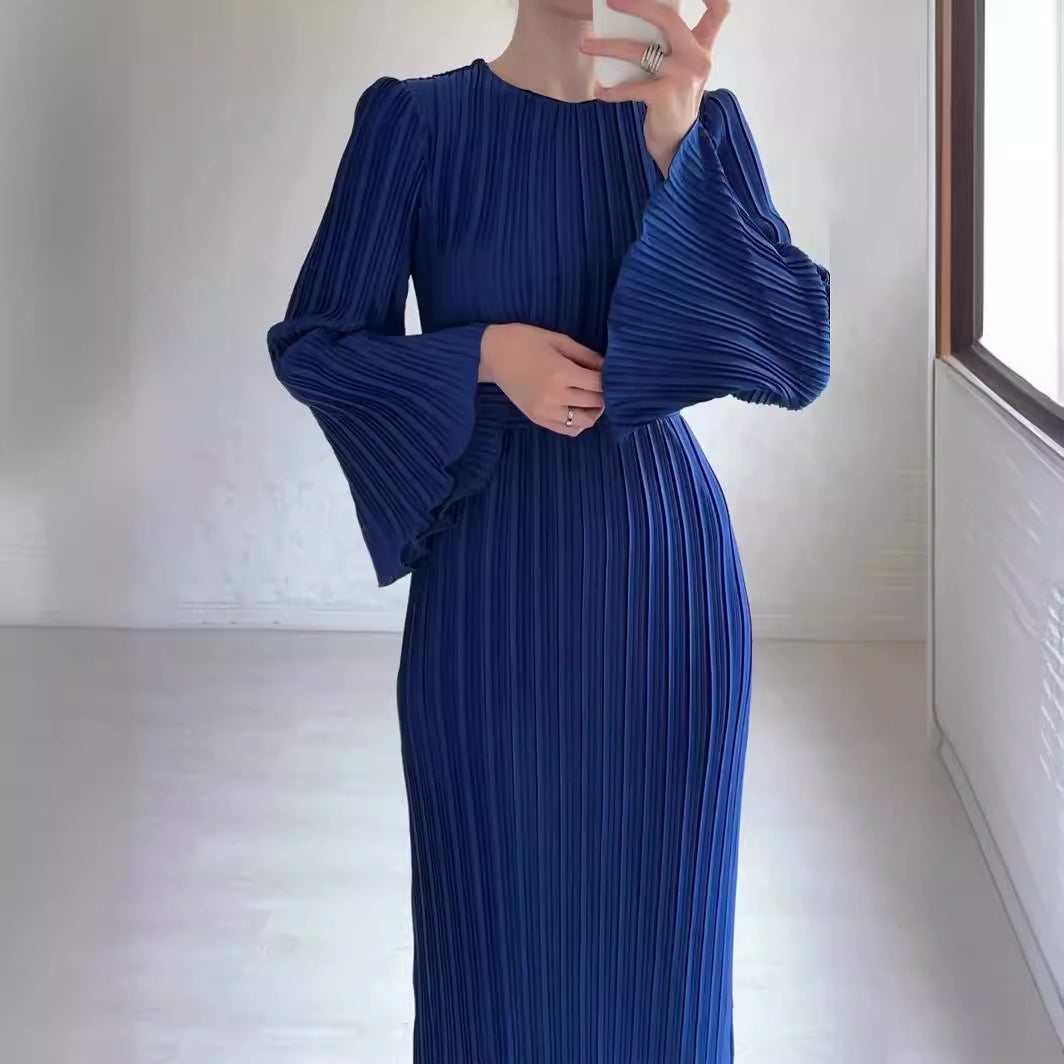 Women's Autumn Dress Elegant Pleated Bell Sleeve Dresses