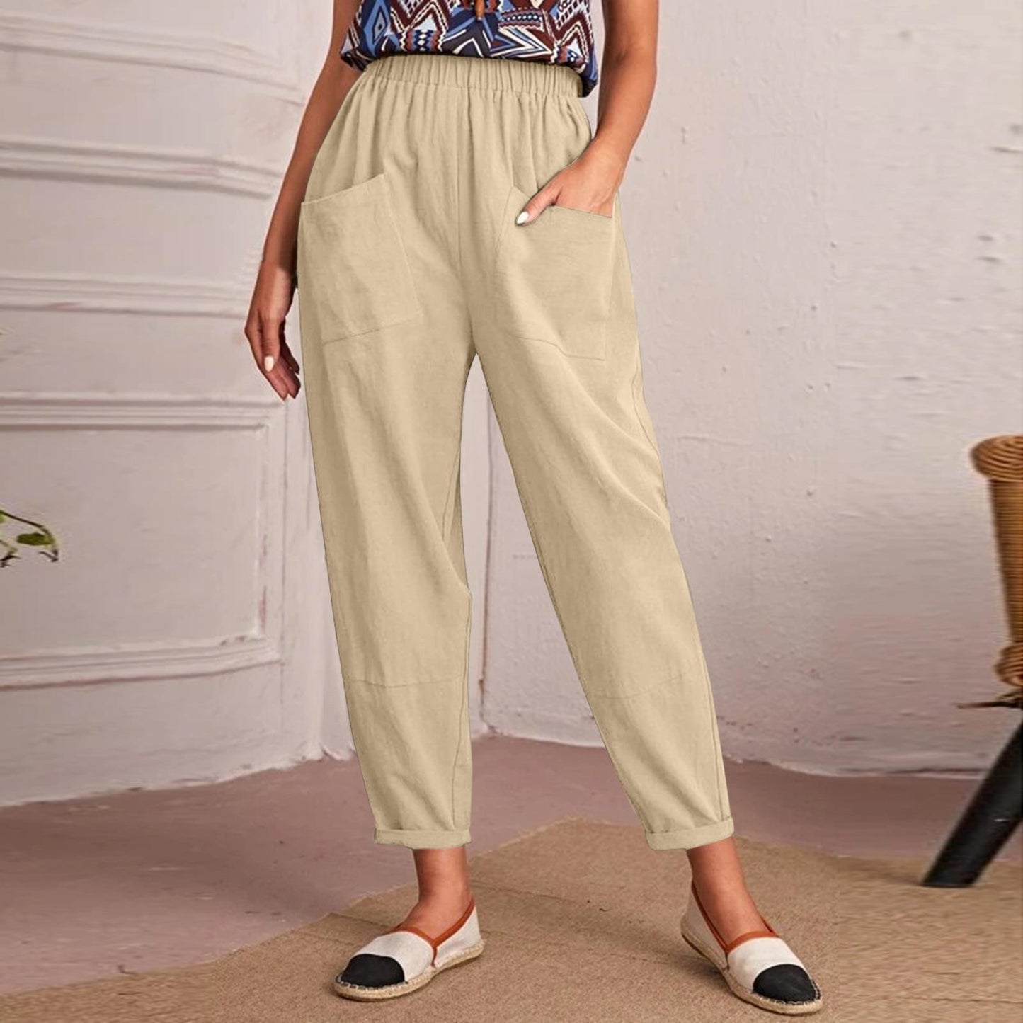 Pantalon en coton et lin à taille élastique pour femme avec poches diagonales