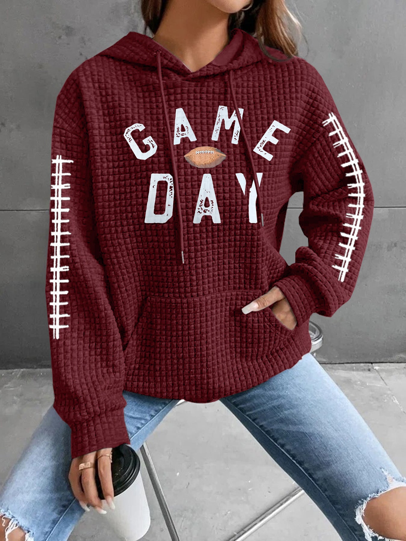 Women's Waffle Match Day Letter Print Round Sweaters