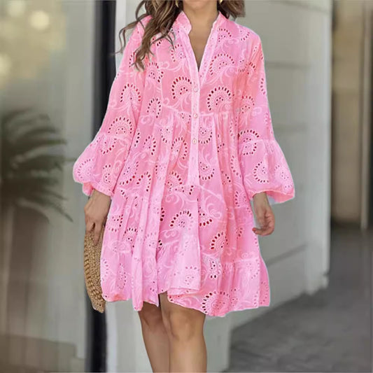 Solid Color Loose Embroidered Cutout Lace Dresses