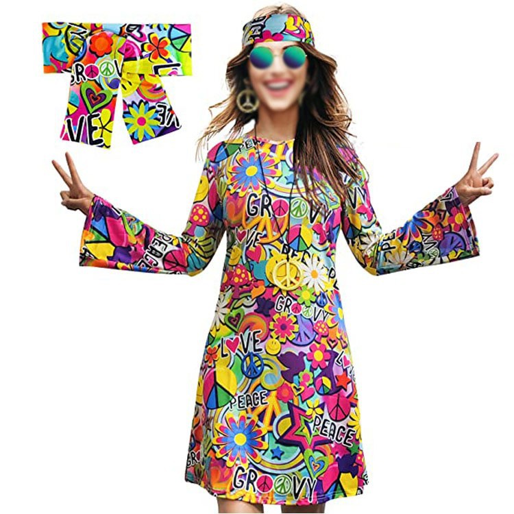 Robe imprimée hippie du siècle d'Halloween pour femmes pour costumes