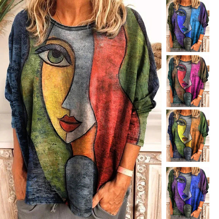 Women's Large Print Long Sleeve Loose T-shirt Blouses