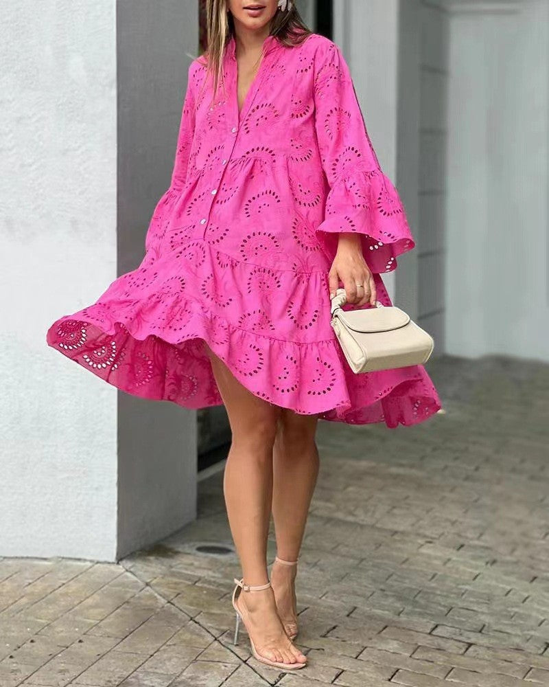 Solid Color Loose Embroidered Cutout Lace Dresses